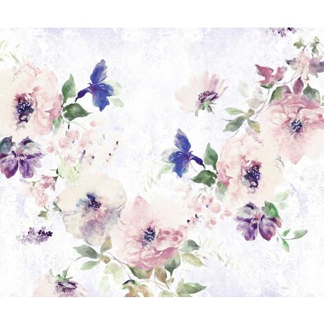 papier peint panoramique fleurs rose et bleu  - Komar