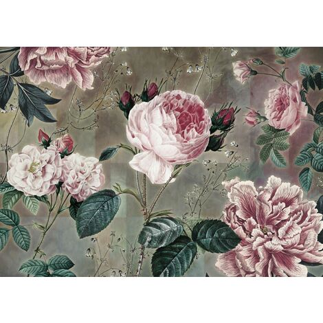 papier peint panoramique fleurs rose et taupe  - Komar
