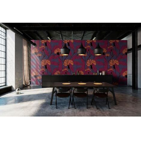 Papier peint panoramique fleurs salle à manger Tapisserie panoramique bleu, rouge et orange Papier peint panoramique floral design