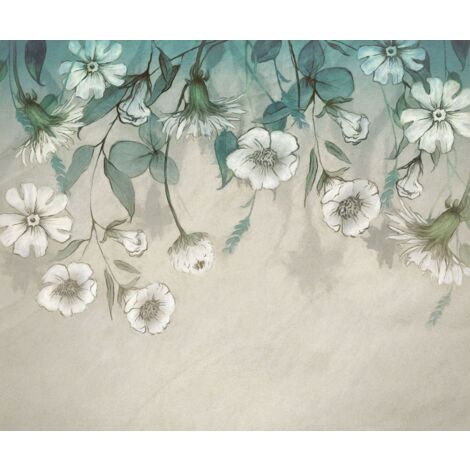 papier peint panoramique fleurs vert et beige  - Komar