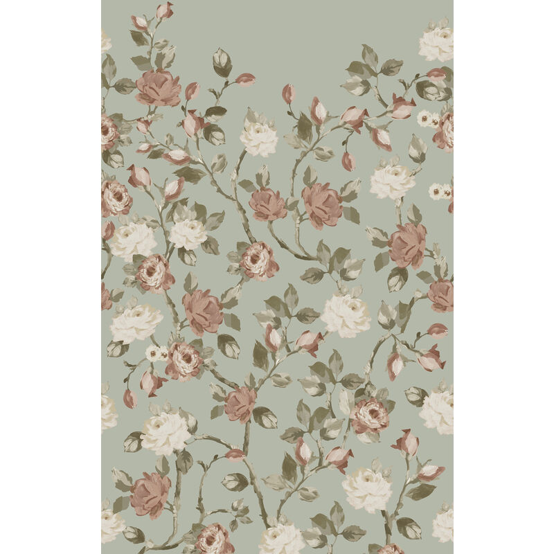 Papier peint panoramique fleurs vintage vert menthe grisé et vieux rose Estahome