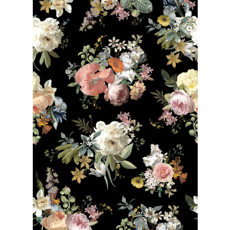 papier peint panoramique fleurs vintage multicolore sur noir  - ESTAhome