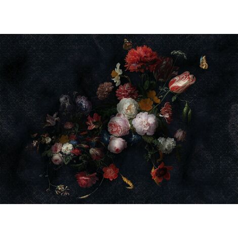papier peint panoramique fleurs vintage multicolore sur noir  - Komar