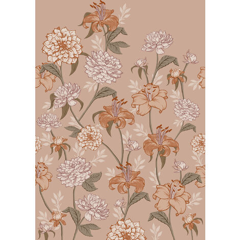 papier peint panoramique fleurs vintage vieux rose et terracotta  - ESTAhome