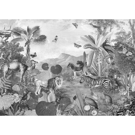 Papier peint panoramique Flora and Fauna - 350 x 250 cm de Komar - noir et blanc