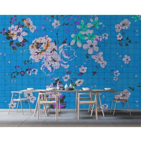Papier peint panoramique floral bleu Tapisserie panoramique à motif roses pour salle de bain Papier peint panoramique fleuri tendance