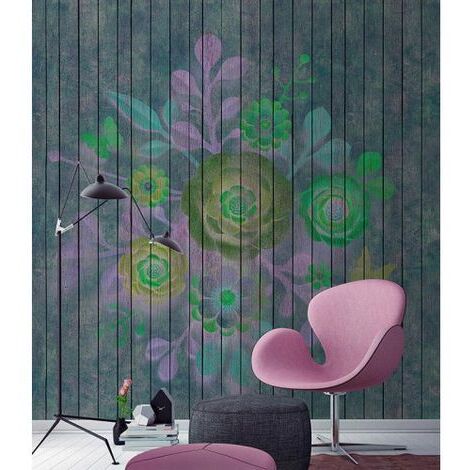 Papier peint panoramique floral gris & vert Tapisserie panoramique idéale bureau Papier peint panoramique fleuri fond bois pour salon