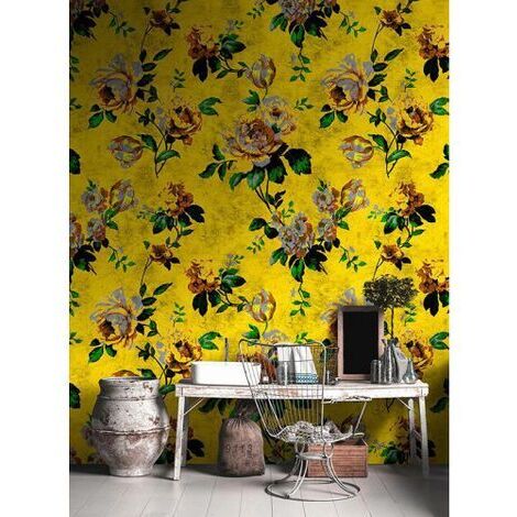 Papier peint panoramique floral jaune Tapisserie panoramique fleurie vintage salon Papier peint panoramique motif fleur pour couloir