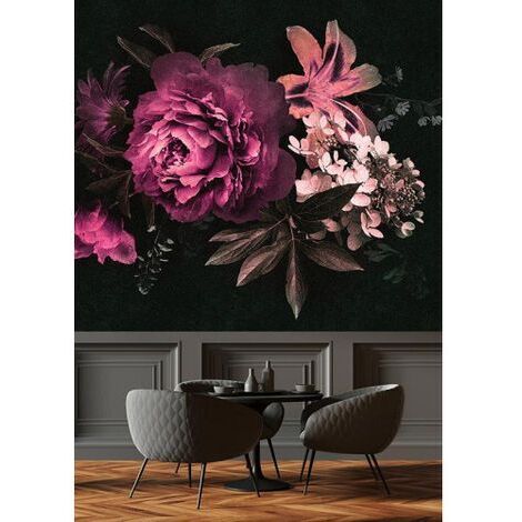 Papier peint panoramique floral noir & rose Tapisserie panoramique à fleurs pour salon Papier peint panoramique élégant nature idéal pour chambre