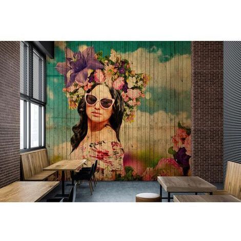 Papier peint panoramique floral original Tapisserie panoramique multicolore avec femme & fleurs Papier peint panoramique bois pour salon