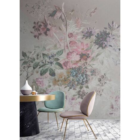 Papier peint panoramique floral pastel idéal salon | Tapisserie panoramique grise claire fleurie pour salon | Papier peint panoramique fleuri style peinture - 270 x 300 cm (3 pièces)