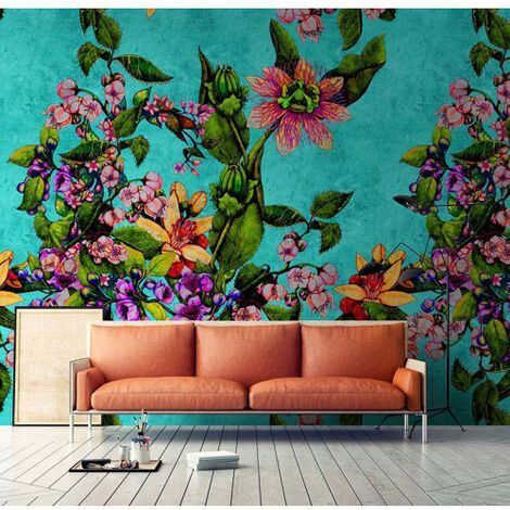 Papier peint panoramique floral pour salon zen Tapisserie panoramique bleu turqoise et vert Papier peint panoramique tendance nature idéal bureau
