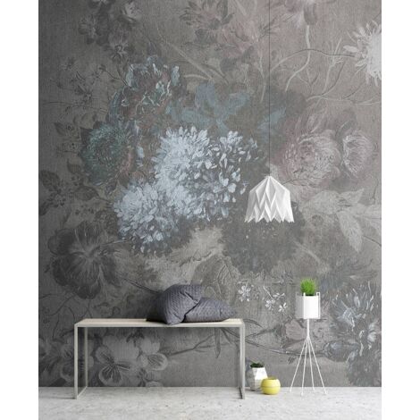 Papier peint panoramique floral vintage effet peinture | Tapisserie panoramique grise motif fleur pour cuisine | Papier peint panoramique fleuri bureau - 270 x 300 cm (3 pièces)