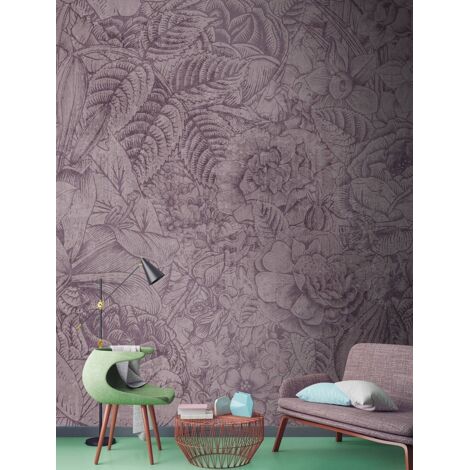 Papier peint panoramique floral violet sombre | Tapisserie panoramique jungle idéal bureau et escaliers | Papier peint panoramique nature et forêt - 270 x 400 cm (4 pièces)