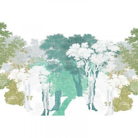 Papier peint panoramique forêt vert & blanc effet textile Tapisserie panoramique arbre bleu & vert salon Papier peint panoramique nature chambre enfant