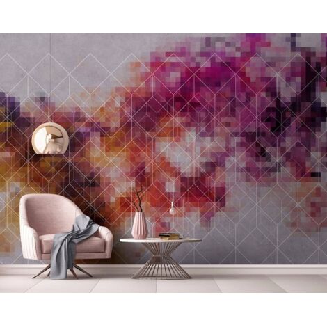 Papier peint panoramique géométrique original | Tapisserie panoramique graphique rose & orange | Papier peint panoramique pour cage d'escalier - 270 x 400 cm (4 pièces)