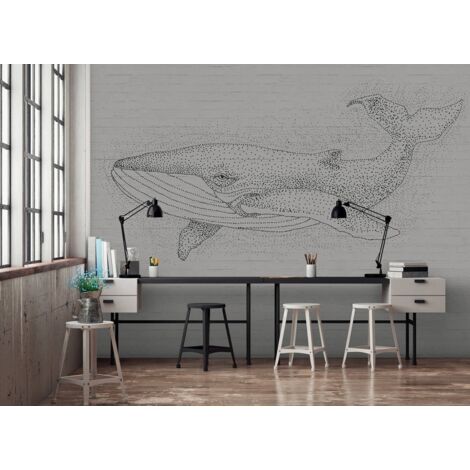 Papier peint panoramique gris baleine effet brique | Tapisserie panoramique animaux pointillés | Papier peint panoramique salle de bain & salon - 270 x 400 cm (4 pièces)