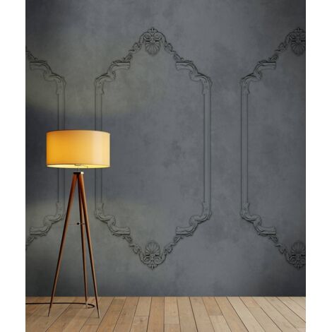 Papier peint panoramique gris baroque | Tapisserie panoramique grise idéale salon | Papier peint panoramique moulure 3D idéal chambre adulte - 270 x 400 cm (4 pièces)