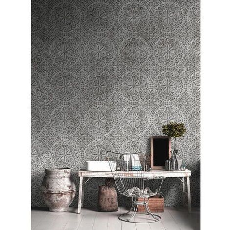 Papier peint panoramique gris et blanc fleurs Tapisserie panoramique béton à motifs géométrique Papier peint panoramique design idéale salon