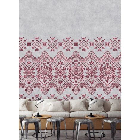 Papier peint panoramique gris & rouge scandinave | Tapisserie panoramique salon & escalier | Papier peint panoramique effet béton moderne avec motif - 270 x 400 cm (4 pièces)