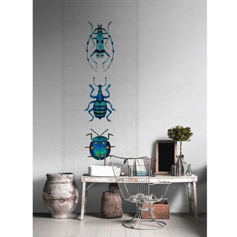 Papier peint panoramique idéal pour bureau Tapisserie panoramique grise aspect textile Papier peint panoramique insectes bleus