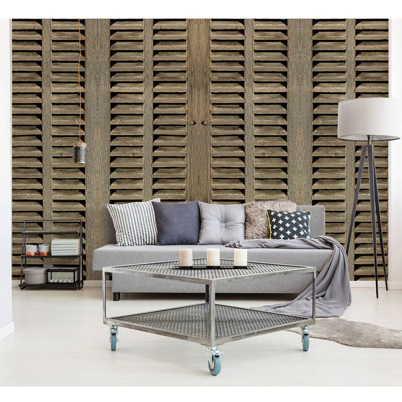 Papier peint intissé 3D, 270 cm x 250 cm, effet persiennes, volets en bois réaliste trompe l'oeil