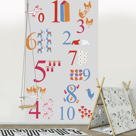 Papier peint panoramique intissé, chambre d'enfant, illustration de chiffres et d'animaux multicouleurs sur un fond gris, 250 cm X 150 cm - Multicouleur