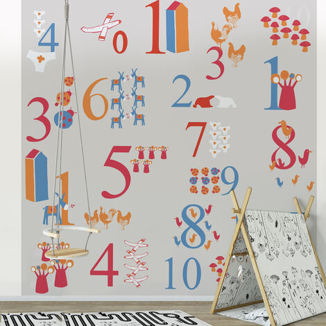 Papier peint panoramique intissé, chiffres multicolores et ses animaux, apprendre à compter dans une chambre d'enfant, fond gris, 250 cm X 250 cm - Multicouleur