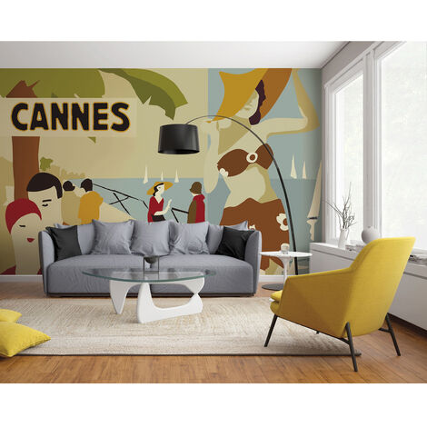 Papier peint panoramique intissé, dessin d'une promenade à deux en bord de mer, personnages glamours dans un mélange de couleur, 250 cm X 270 cm - Multicouleur