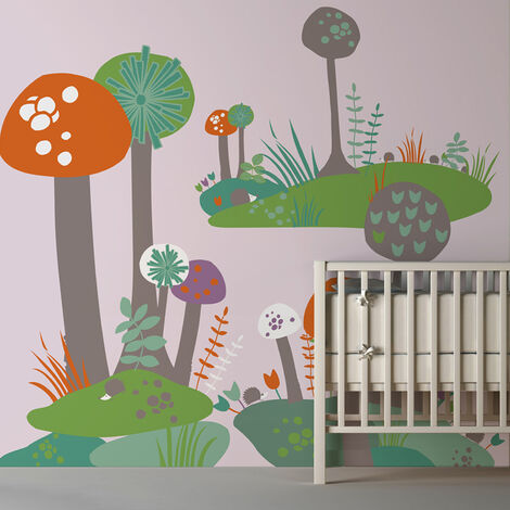 Papier peint panoramique intissé, dessin pour enfant, maison forêt, beaux champignons, 270 cm X 250 cm - Multicouleur