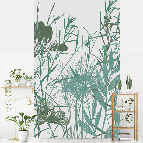 Papier peint panoramique intissé, illustration champêtre, dans un mélange de verdure et de fleur, couleur dominante de vert, 250 cm X 150 cm - Vert
