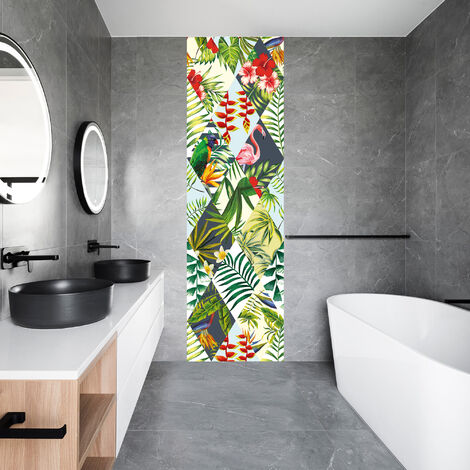 Papier peint panoramique intissé, illustration de losanges tout en couleurs avec un motif tropical et animal, 200 cm X 75 cm - Multicouleur