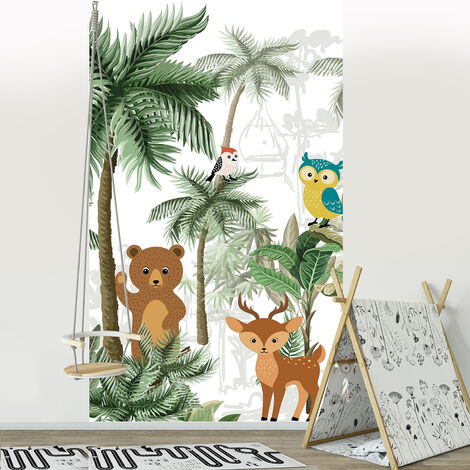 Papier peint panoramique intissé, illustration des animaux de la forêt, dans une forêt tropicale, thème chambre d'enfant, 250 cm X 150 cm - Multicouleur
