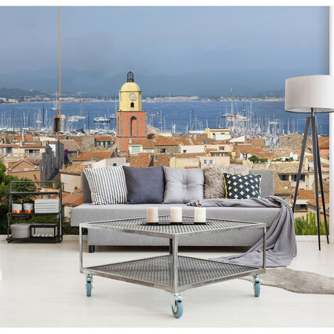 Papier peint panoramique intissé, magnifique photo pour trompe l'oeil vue sur le port de saint tropez, 270 cm X 250 cm - Multicouleur