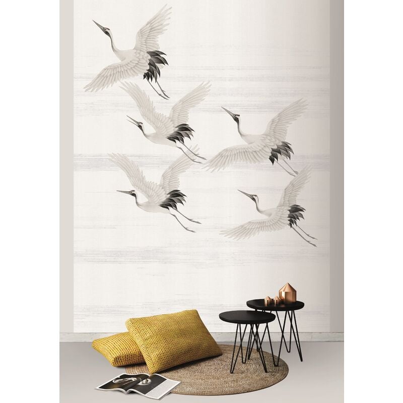 Papier peint panoramique Oiseaux, le départ des grues sauvages 200 x 280cm Gris