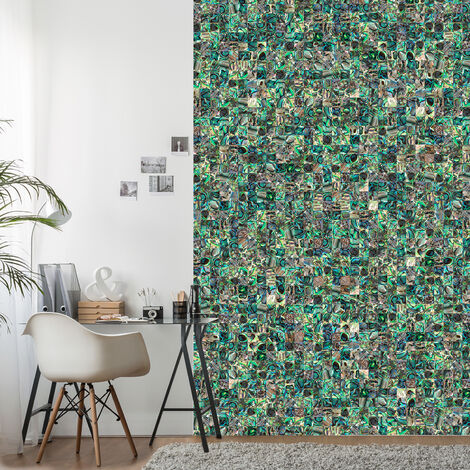 Papier peint panoramique intissé, papier intissé, représente une mozaïque, avec un bleu et vert, style oeuvre d'art , 250 cm X 150 cm - Multicouleur