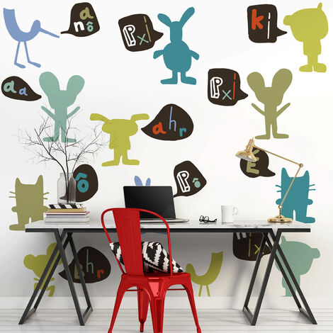 Papier peint panoramique intissé, personnage enfant souris et chat expressions marrantes, 270 cm X 250 cm - Multicouleur