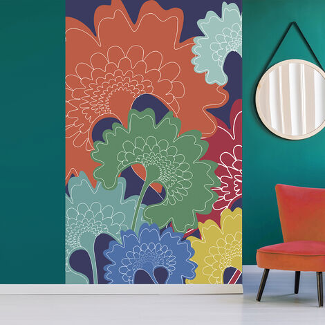 Papier peint panoramique intissé, représentation géante d'un graphisme florale multicolore, 250 cm X 150 cm - Multicouleur