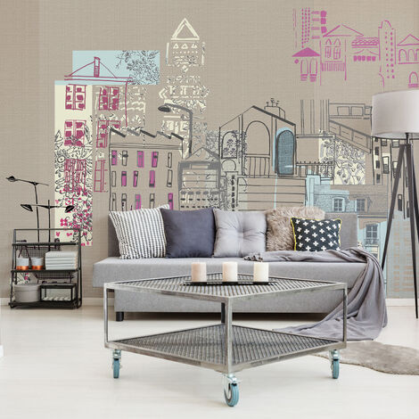 Papier peint panoramique intissé, trompe l'oeil géant peinture sur toile d'une petit ville stylisée, 270 cm X 250 cm - Multicouleur