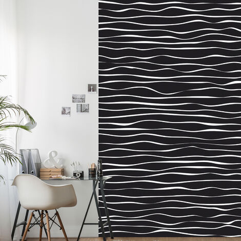 Papier peint panoramique intissé, vagues horizontales blanches, sur un fond noir ,, 250 cm X 150 cm - Noir