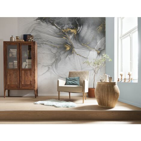 Papier peint panoramique intissée de Komar - Ink doré Flow - Taille: 300 x 280 cm - doré, gris, blanc