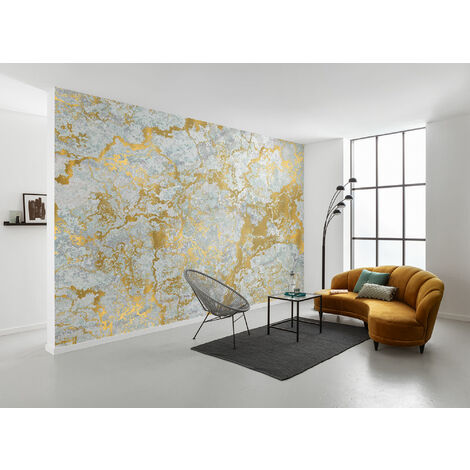 Papier peint panoramique intissée de Komar - Marbelous - Taille: 400 x 280 cm - doré, blanc