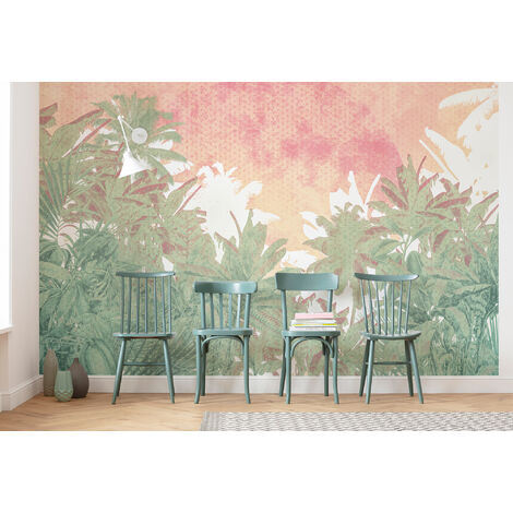 Papier peint panoramique intissée de Komar - Palmiers - Taille: 400 x 280 cm - vert/rose