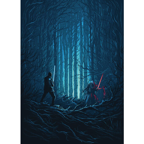 Papier peint panoramique intissée de Komar - Star Wars Wood Fight - Taille: 200 x 280 cm - bleu, noir, blanc