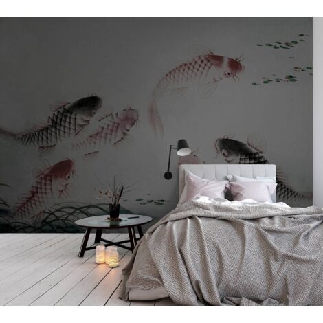 Papier peint panoramique japonais gris | Tapisserie panoramique idéale pour salle de bain | Papier peint panoramique à motifs poissons - 270 x 400 cm (4 pièces)