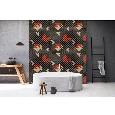 Papier peint panoramique japonais original Tapisserie panoramique moderne motif écaille Papier peint panoramique noir, rouge & beige pour salon