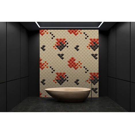 Papier peint panoramique japonais salle de bain Tapisserie panoramique beige, rouge & noir Papier peint panoramique motif écaille pour couloir