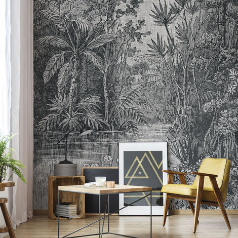 Papier peint panoramique jungle 200 x 280 cm gris – Texture lisse – Résistant à la lumière – Application facile sans table à tapisser – Art For The Home