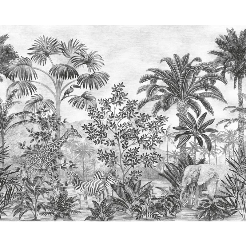 Komar - papier peint panoramique une jungle avec des animaux noir et blanc