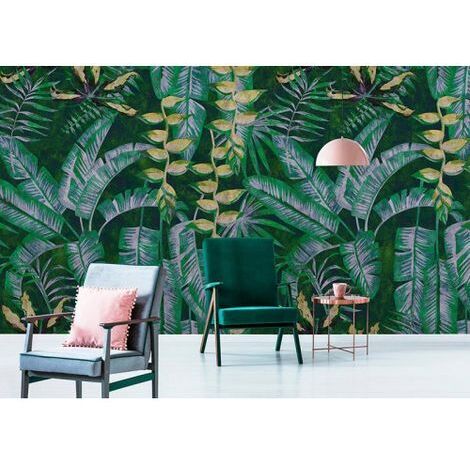 Papier peint panoramique jungle pour salle de bain Tapisserie panoramique feuilles tropicales Papier peint panoramique exotique vert et jaune
